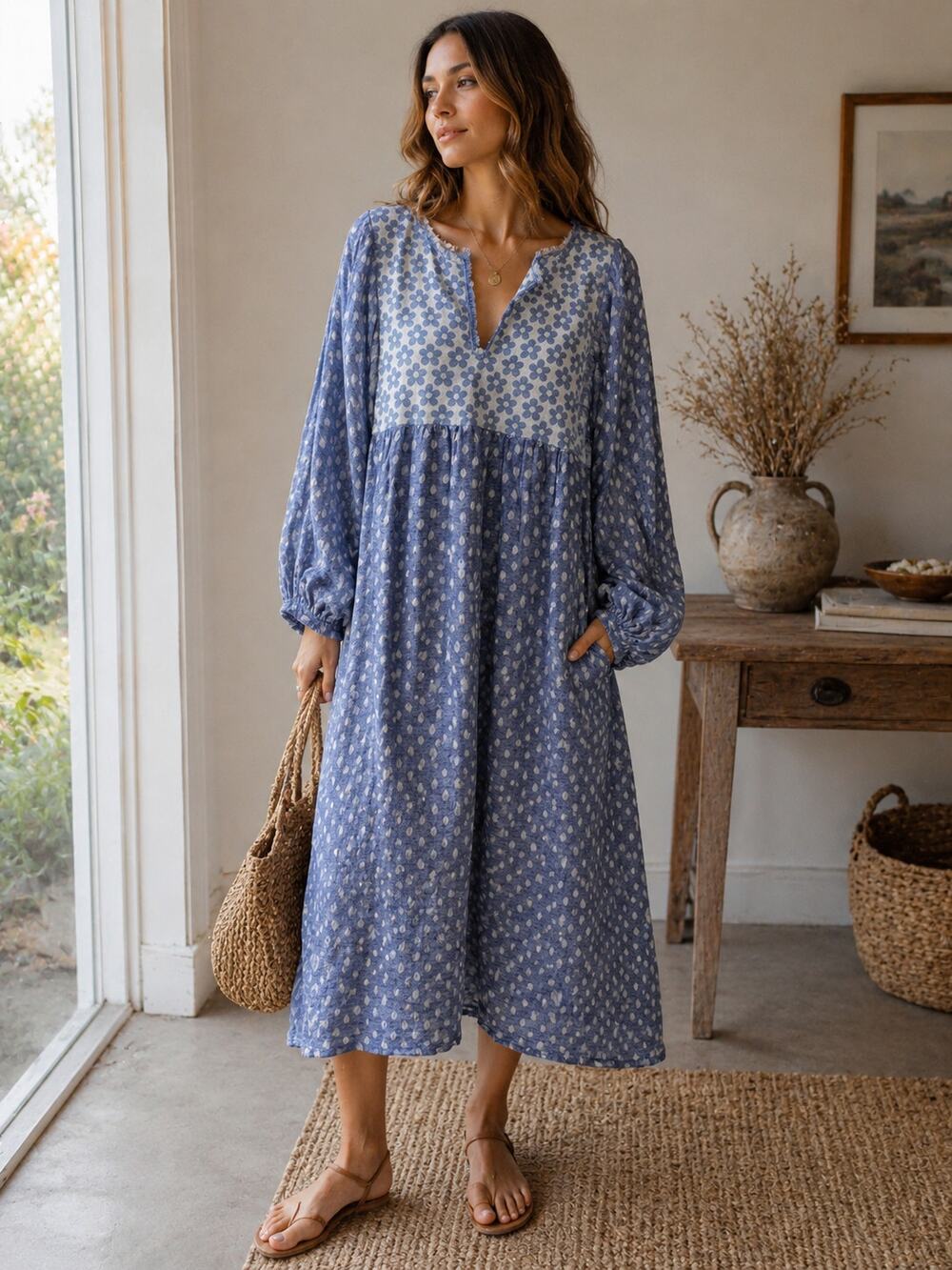 Blue Floral Midi Dress with Long Puff Sleeves